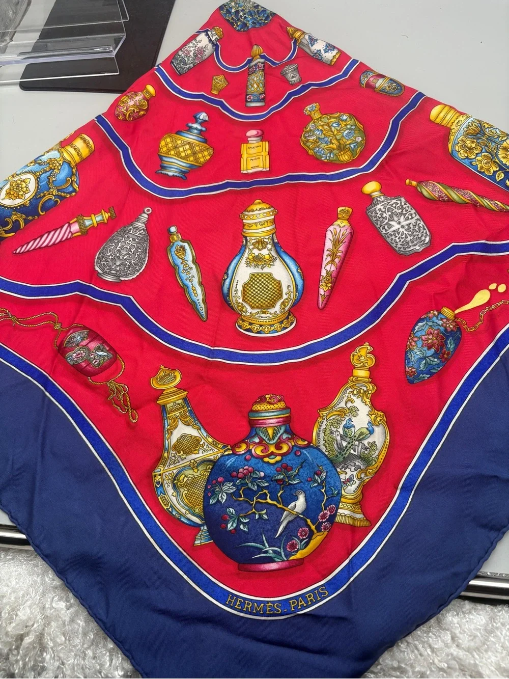 Hermès Qu’importe le Flacon Carré 90 Silk Scarf Red Navy Vintage